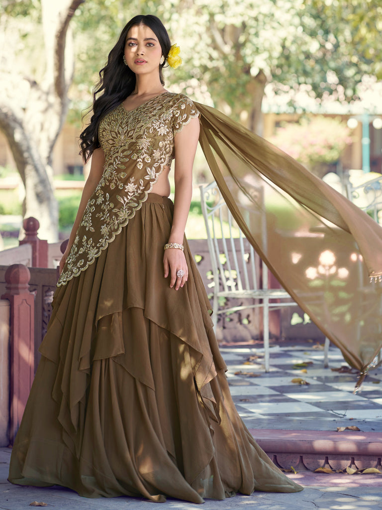 Charming Brown Sequins Georgette Sangeet Wear Lehenga Choli
