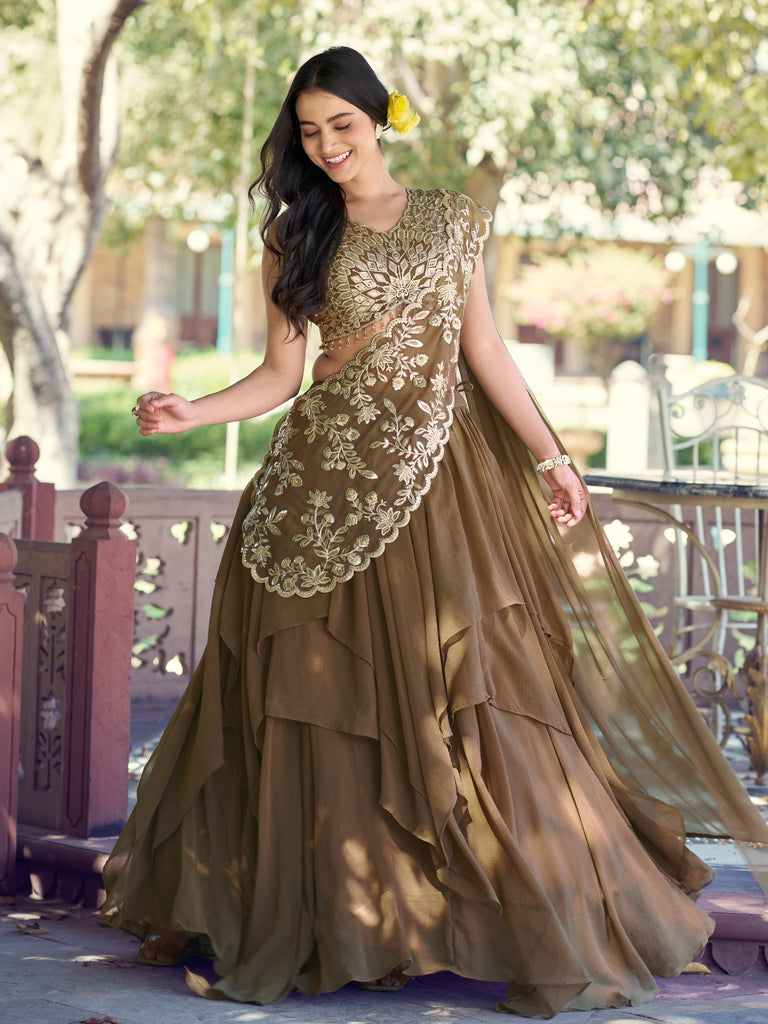Charming Brown Sequins Georgette Sangeet Wear Lehenga Choli