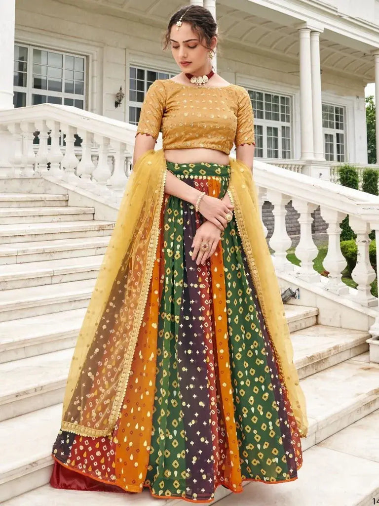 Superior Multi-Color Printed Georgette Lehenga With Golden Choli