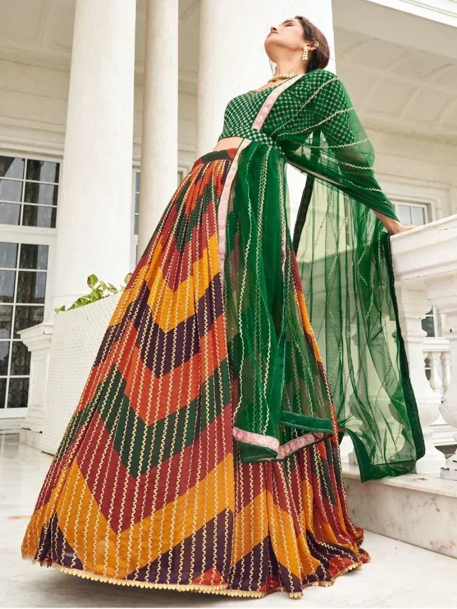 Green embroidered lehenga choli with colorful geometric skirt, perfect for Indian ethnic wear occasions