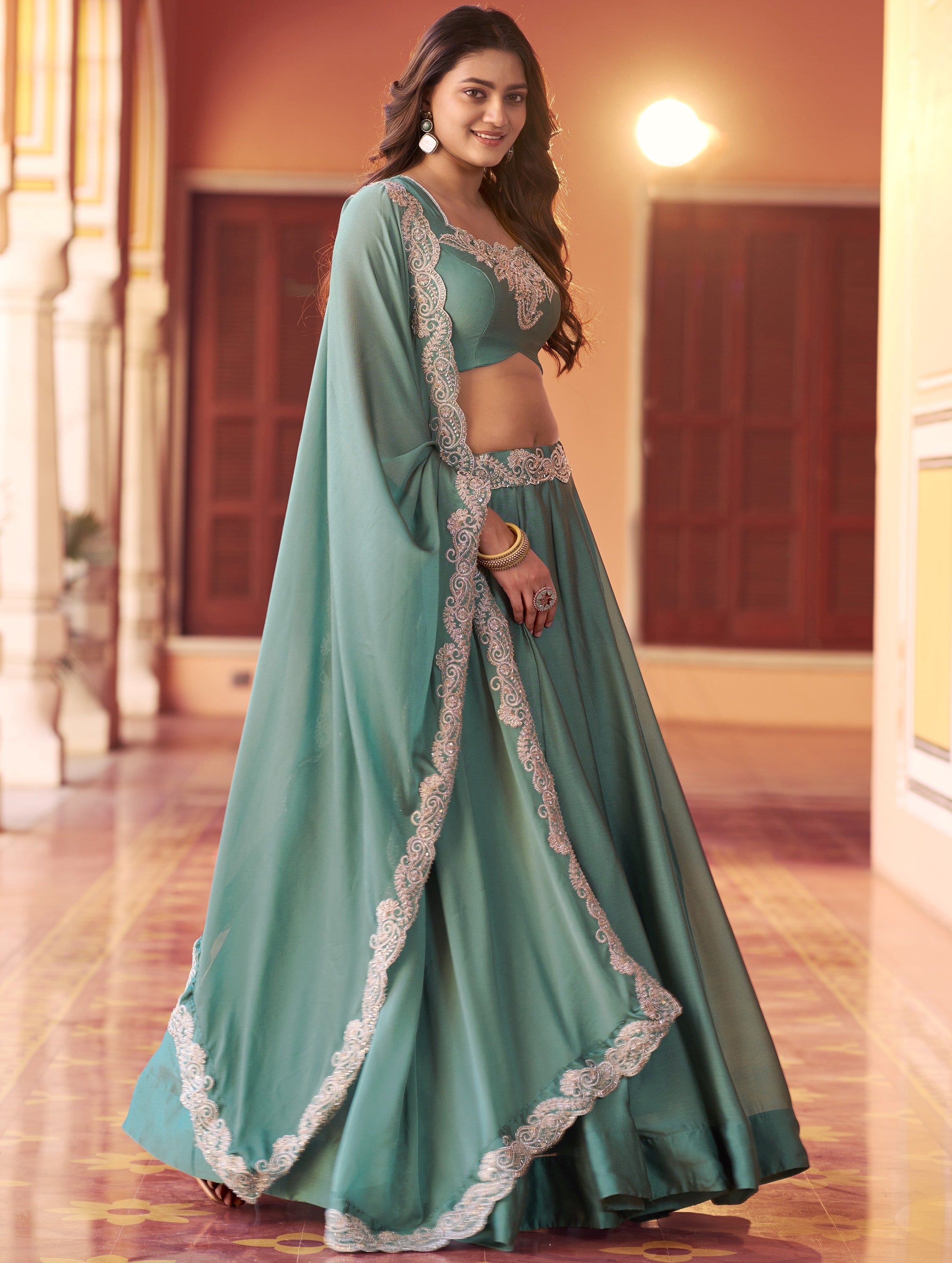 Alluring Sea Green Bead Work Silk Traditional Lehenga Choli With Dupatta