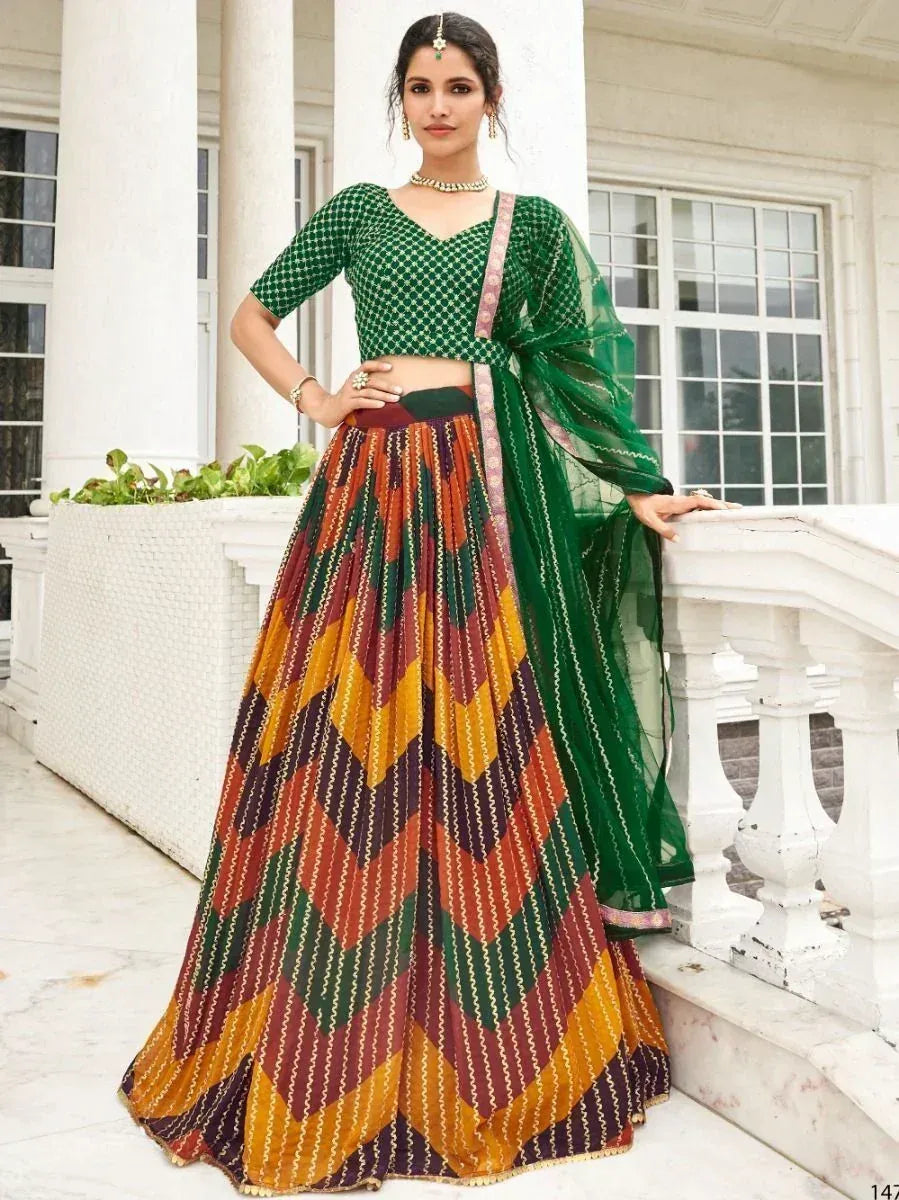 Green printed lehenga choli with colorful geometric skirt and sheer dupatta, Indian ethnic wear