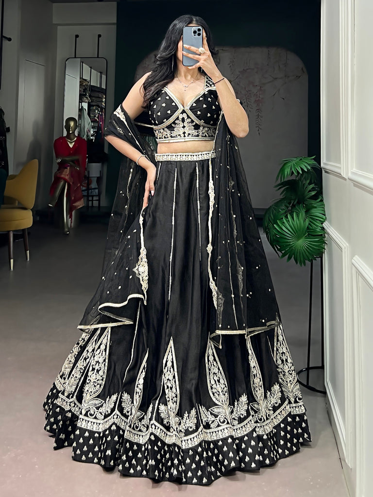 Beautiful Black Thread Work Silk Wedding Wear Lehenga With Blouse