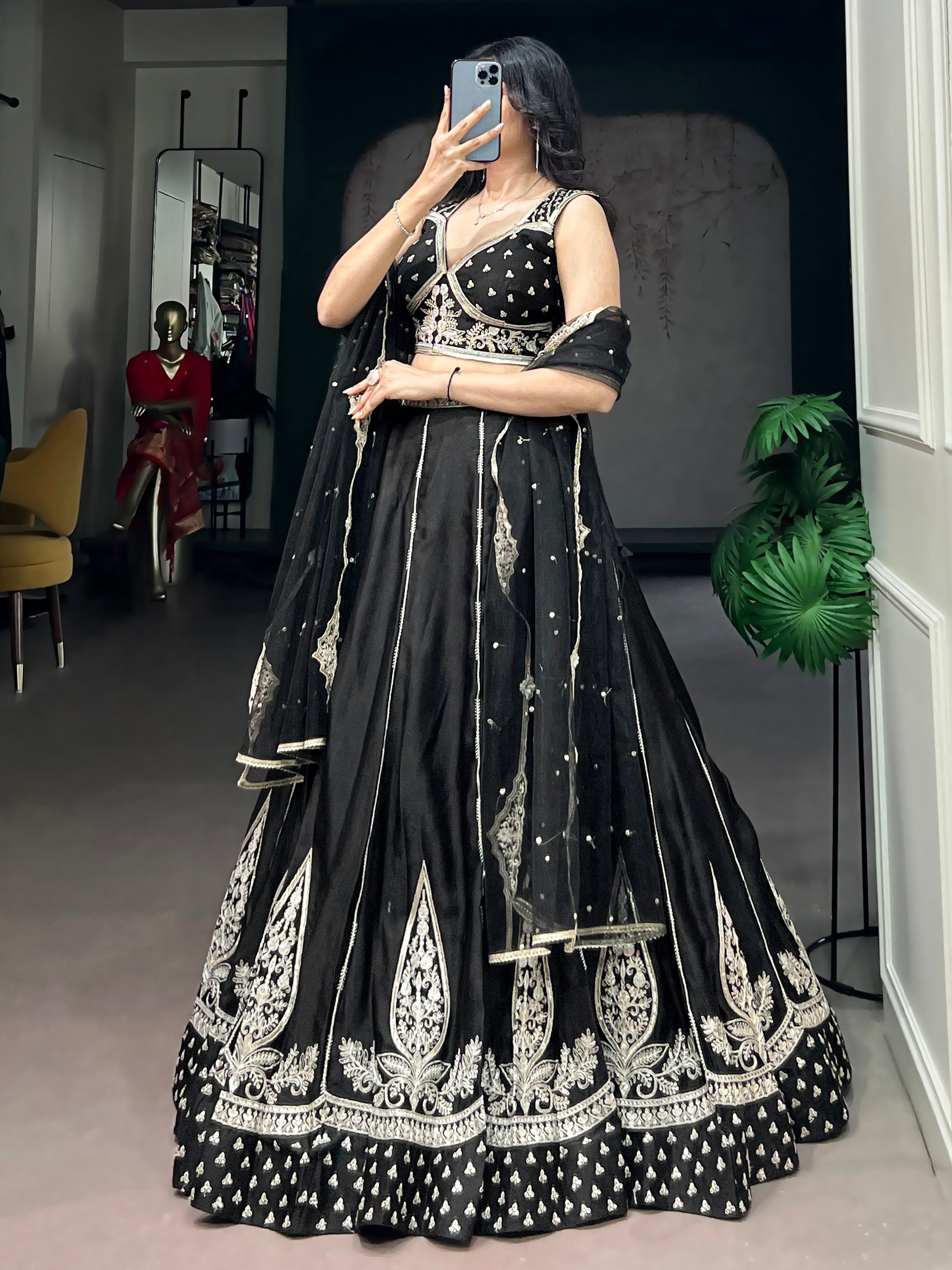 Beautiful Black Thread Work Silk Wedding Wear Lehenga With Blouse