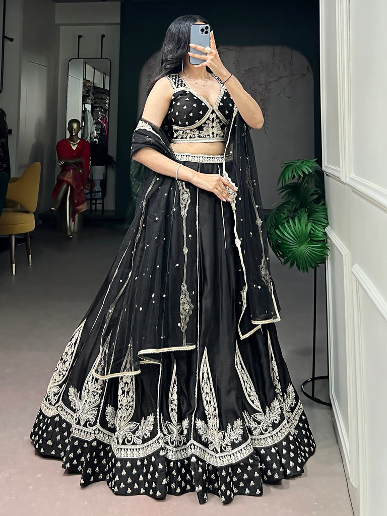 Beautiful Black Thread Work Silk Wedding Wear Lehenga With Blouse