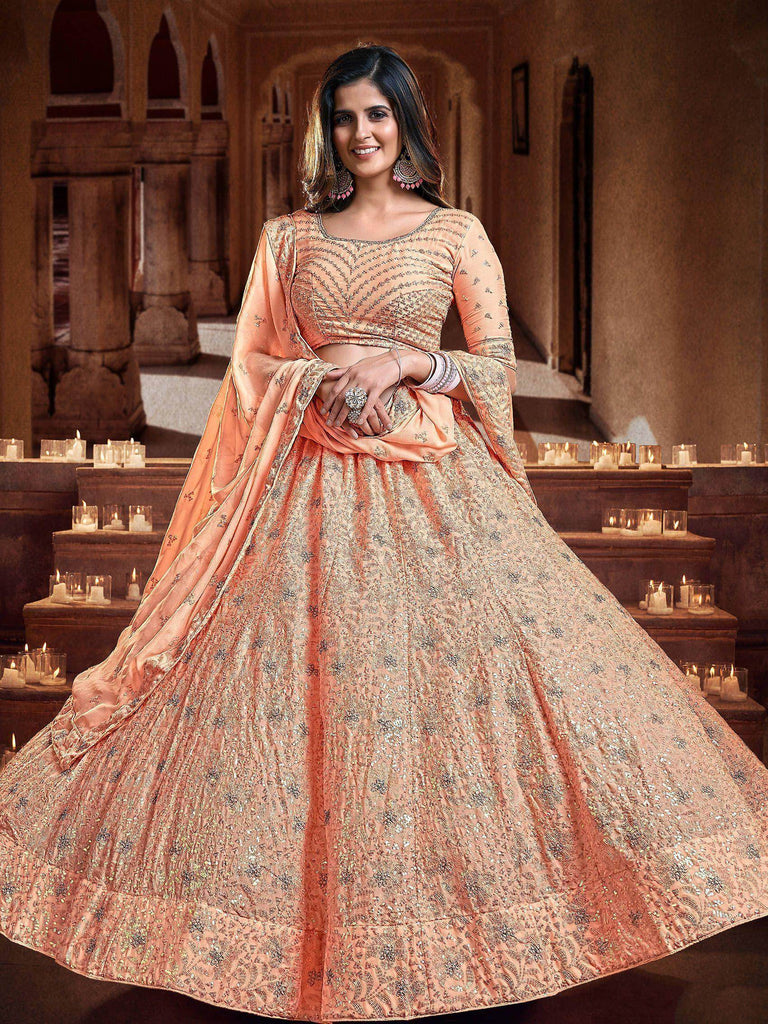 Alluring Peach Sequins Embroidered Georgette Wedding Wear Lehenga Choli