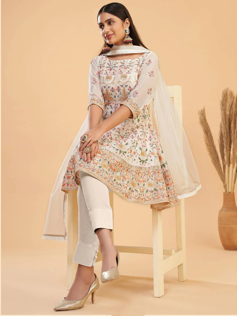Marvelous Cream Multi-Thread Georgette Party Wear Anarkali Pant Suit