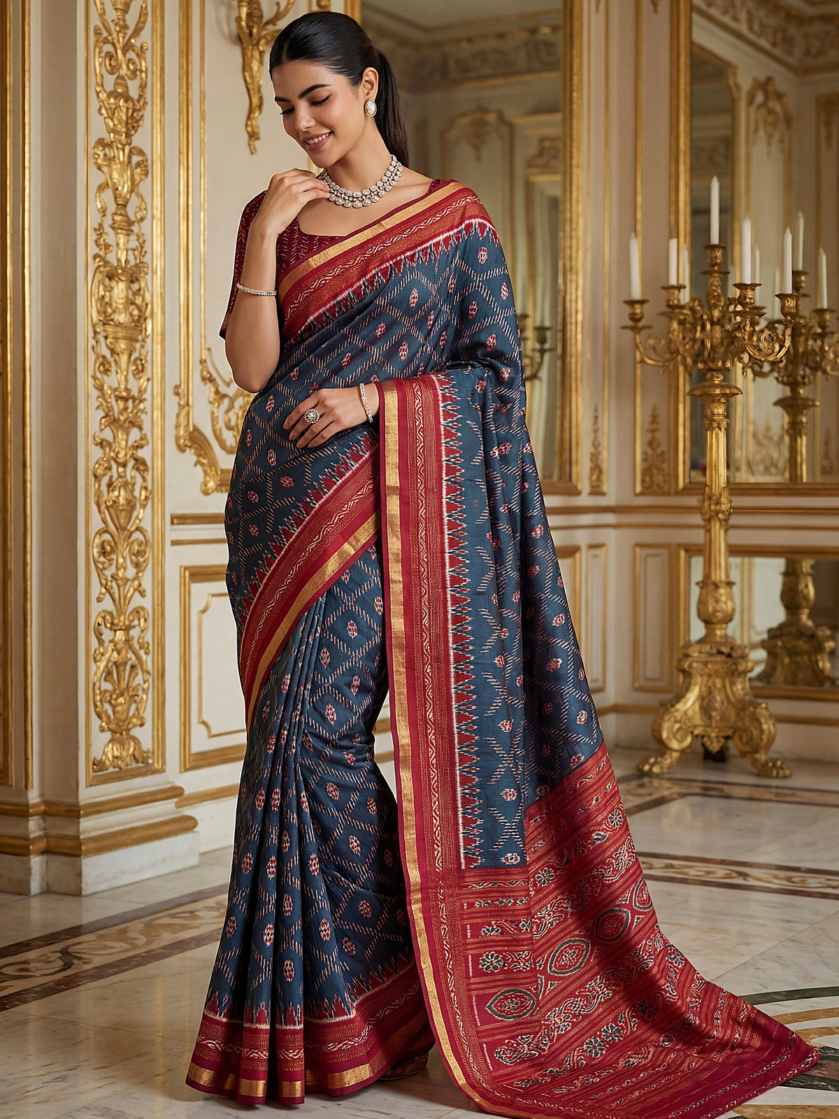 Striking Navy Blue Zari Weaving Silk Wedding Wear Saree With Blouse