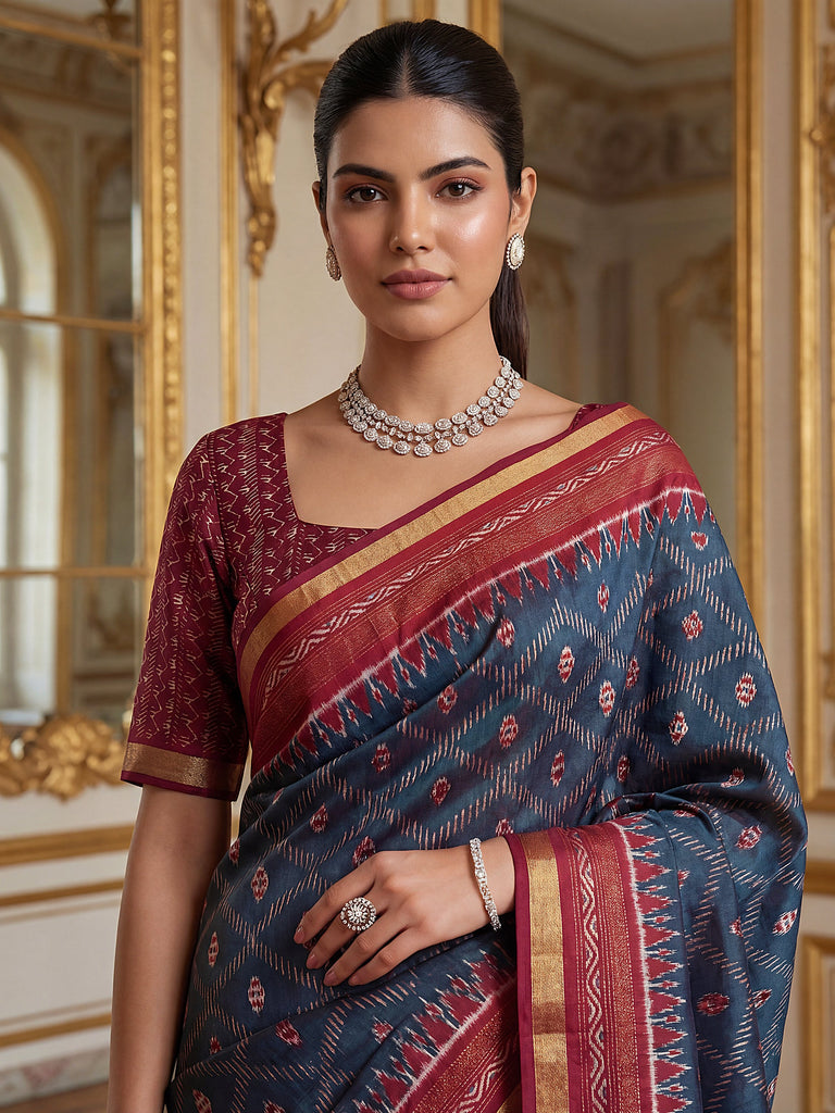 Striking Navy Blue Zari Weaving Silk Wedding Wear Saree With Blouse