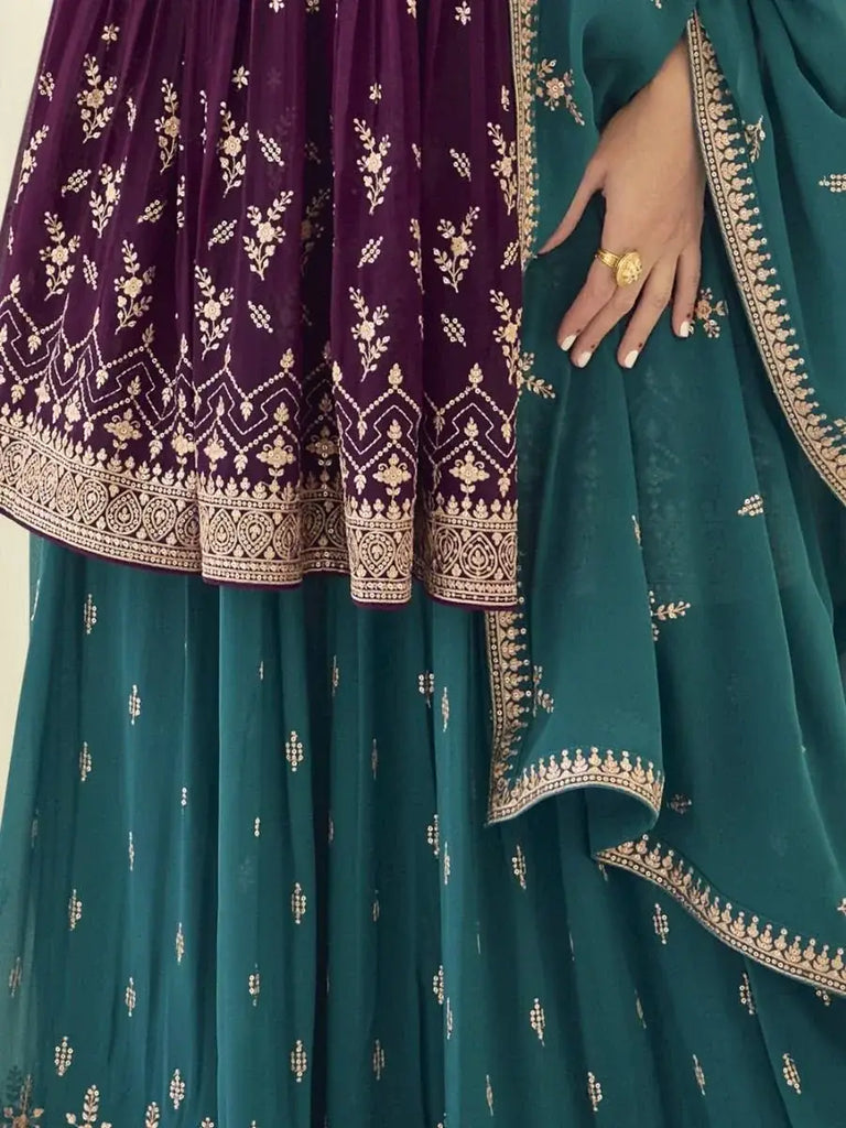 Fabulous Purple Blue Embroidered Georgette Ready-Made Palazzo Suit