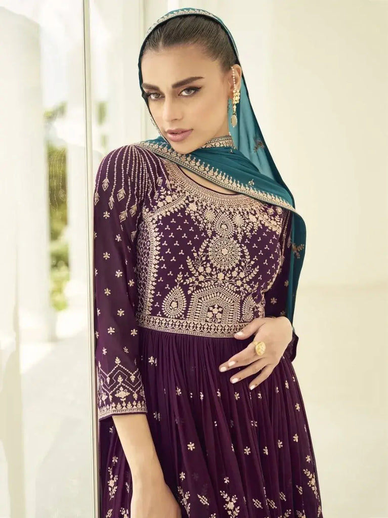 Fabulous Purple Blue Embroidered Georgette Ready-Made Palazzo Suit