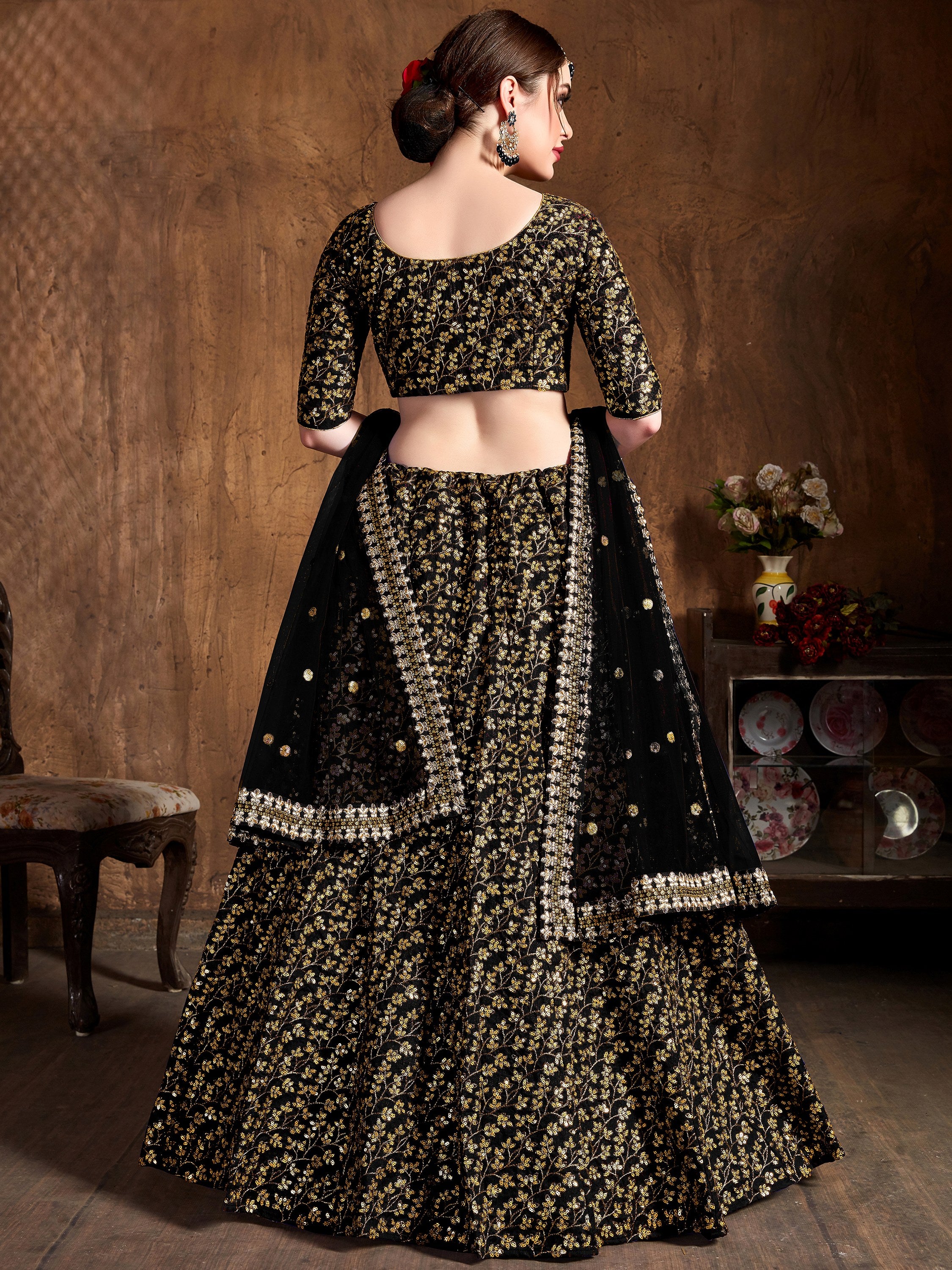 Graceful Black Sequins Silk Function Wear Plus Size Lehenga Choli