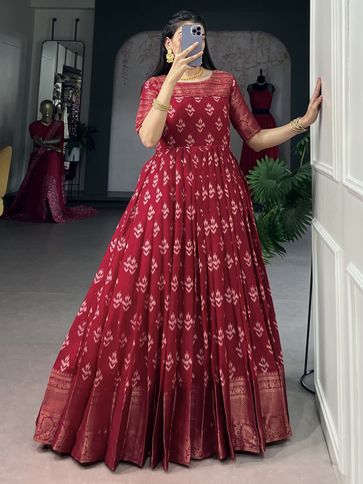 Precious Red Zari Weaving Cotton Wedding Wear Gown
