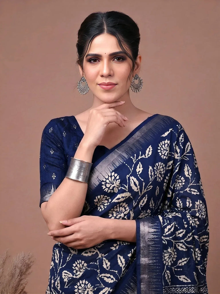 Classy Navy Blue Floral Printed Silk Office Wear Saree With Blouse
