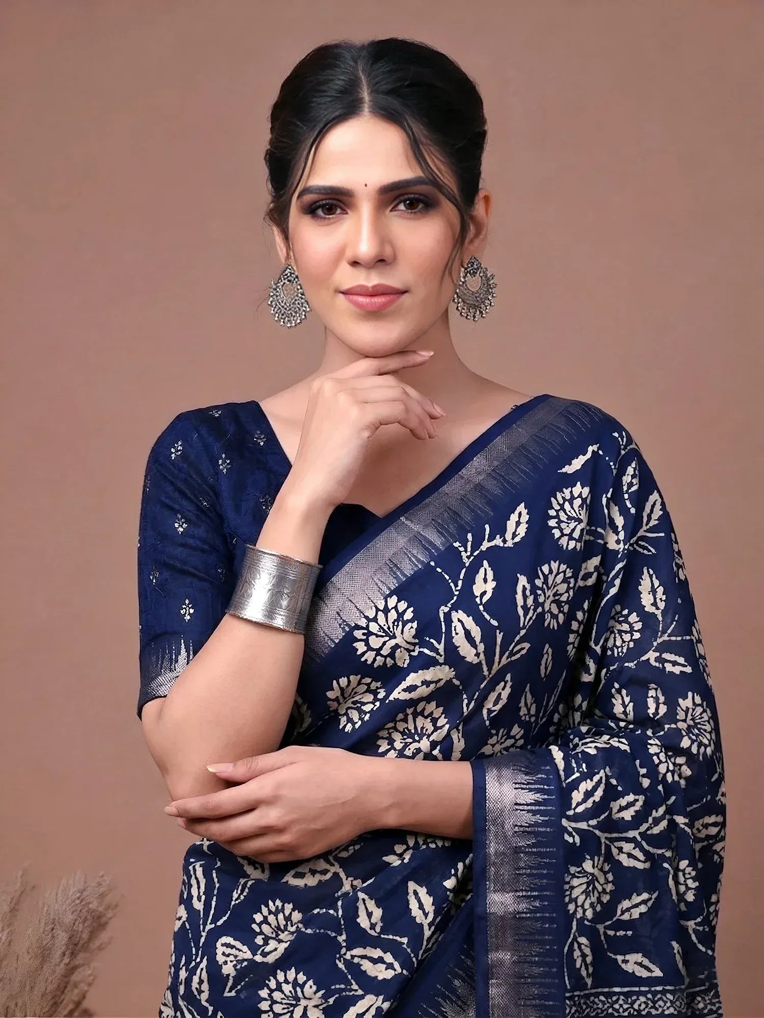 Classy Navy Blue Floral Printed Silk Office Wear Saree With Blouse