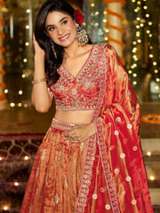 Attractive Orange Zari Weaving Tissue Engagement Wear Lehenga Choli 