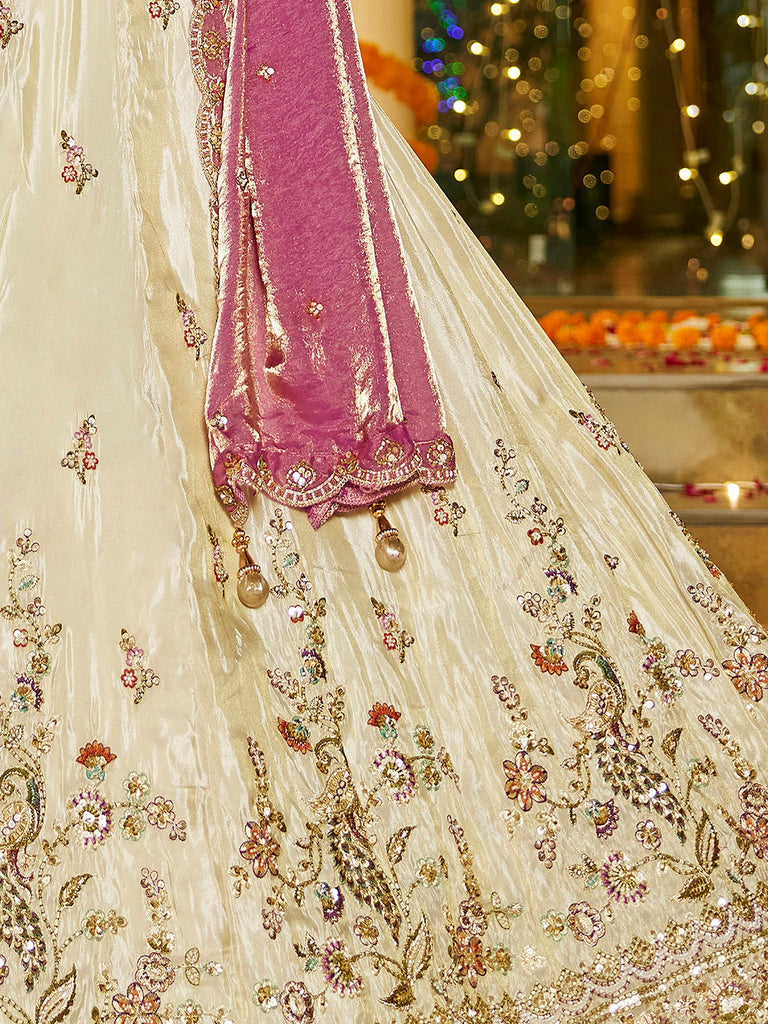Impressive Beige Embroidered Tissue Engagement Wear Lehenga Choli 
