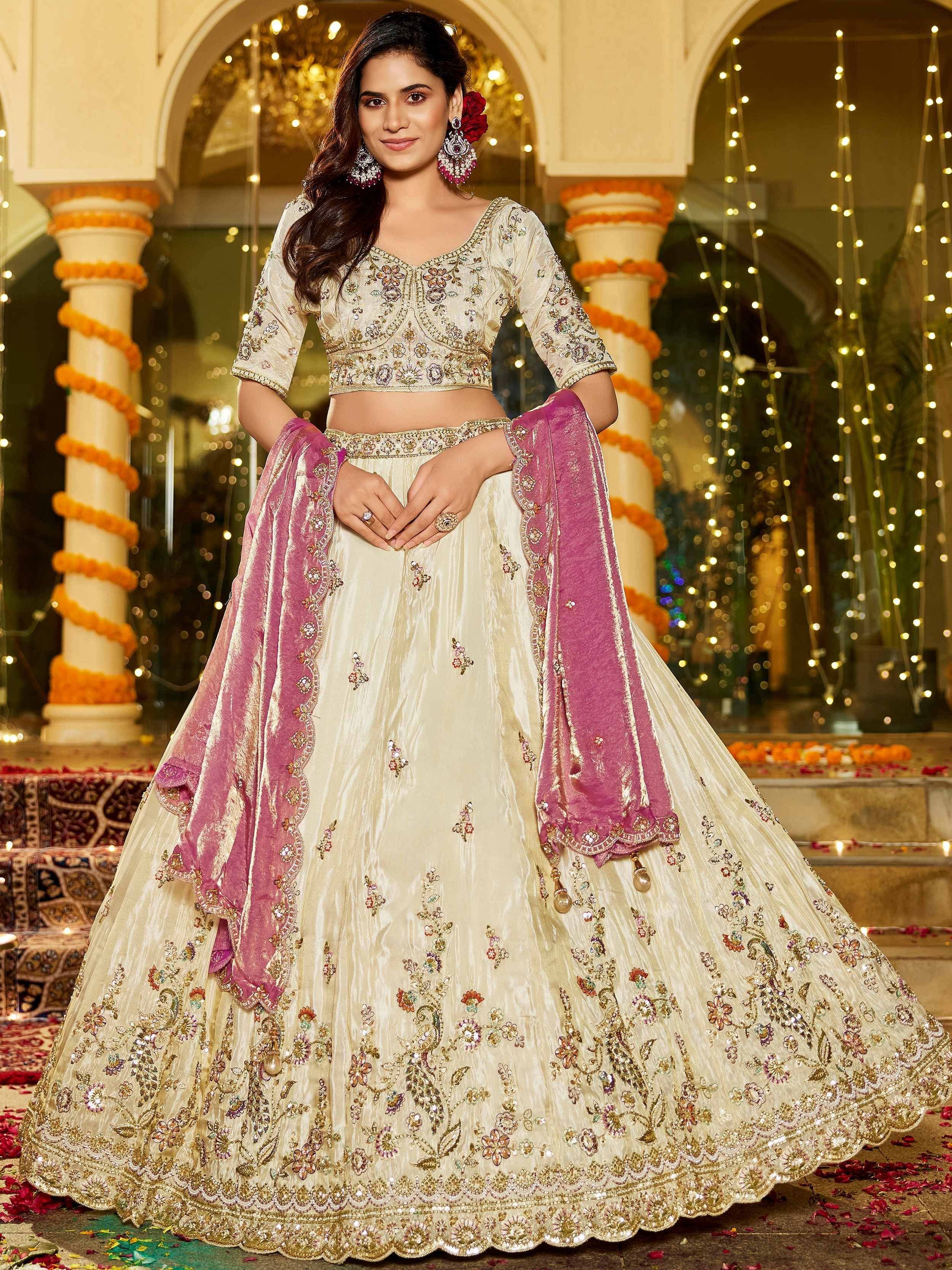 Impressive Beige Embroidered Tissue Engagement Wear Lehenga Choli 