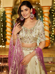 Impressive Beige Embroidered Tissue Engagement Wear Lehenga Choli 