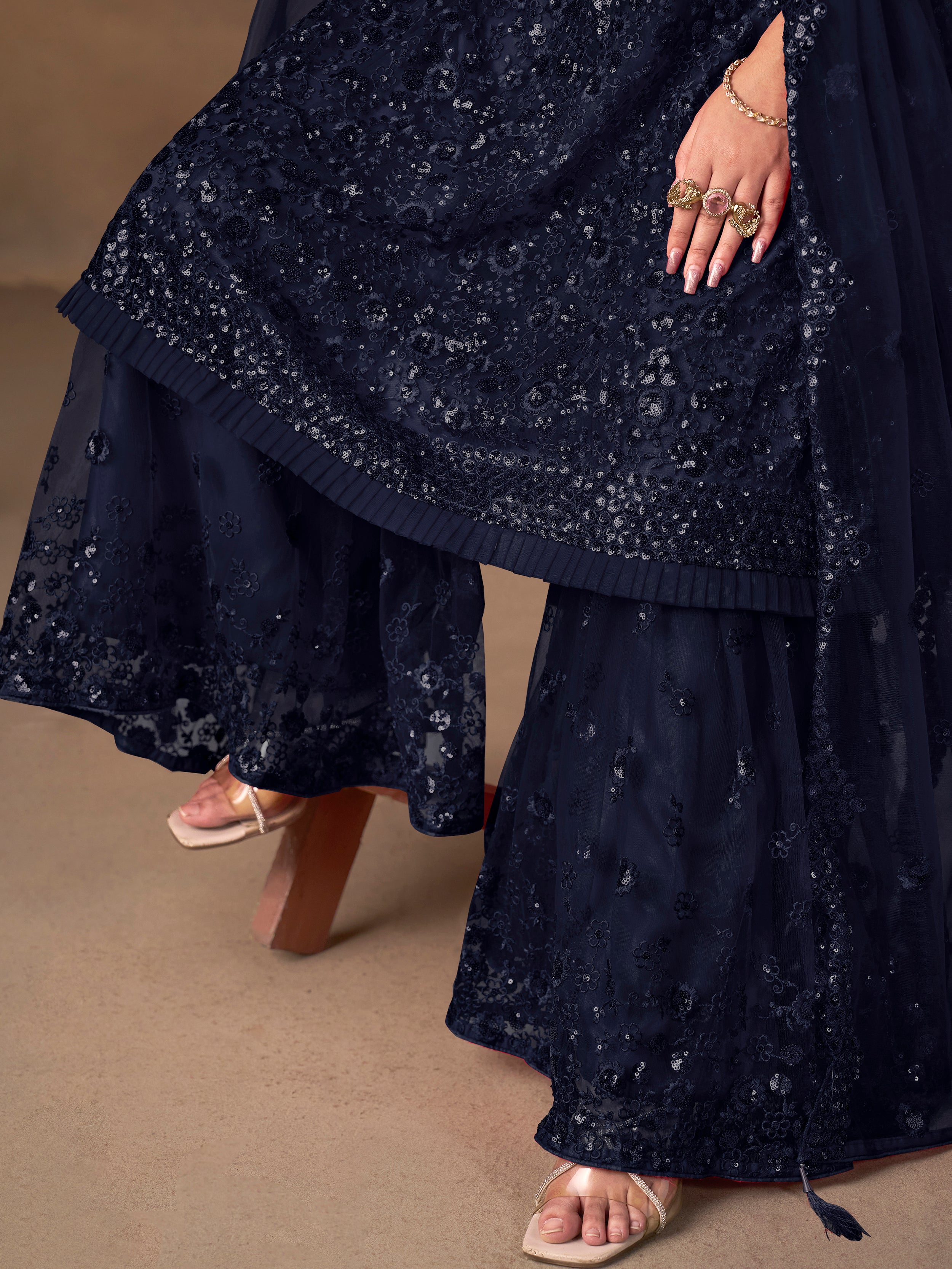 Beautiful Navy Blue Embroidered Net Wedding Wear Sharara Suit