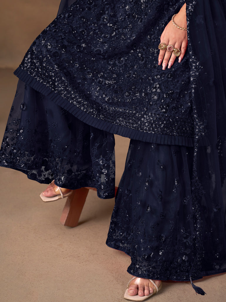 Beautiful Navy Blue Embroidered Net Wedding Wear Sharara Suit