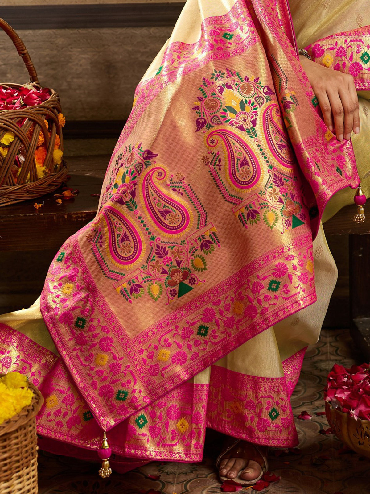 Classy Beige Zari Weaving Tissue Silk Wedding Wear Saree With Blouse