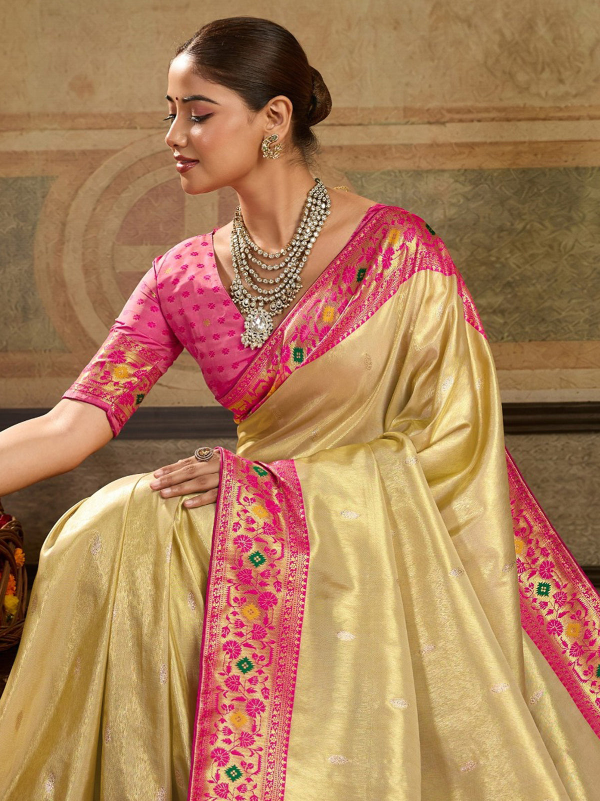 Classy Beige Zari Weaving Tissue Silk Wedding Wear Saree With Blouse