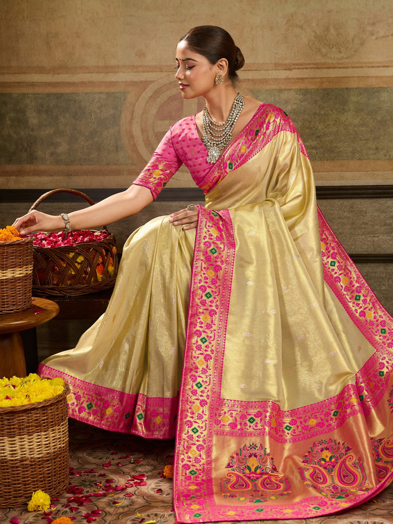 Classy Beige Zari Weaving Tissue Silk Wedding Wear Saree With Blouse