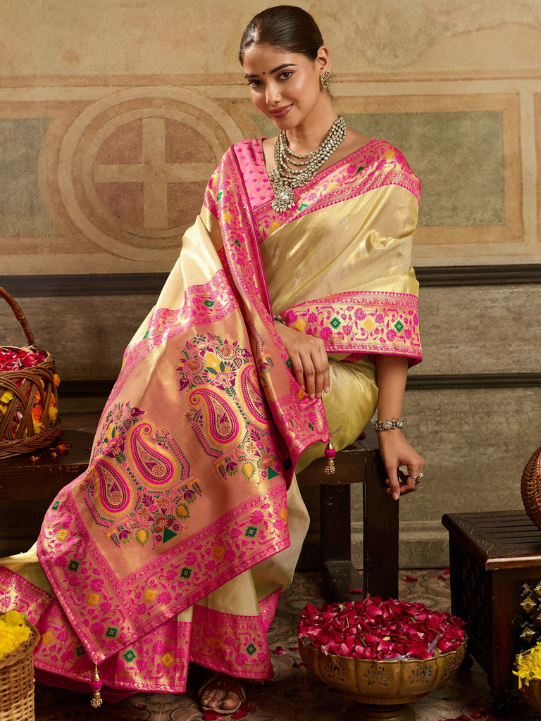 Classy Beige Zari Weaving Tissue Silk Wedding Wear Saree With Blouse
