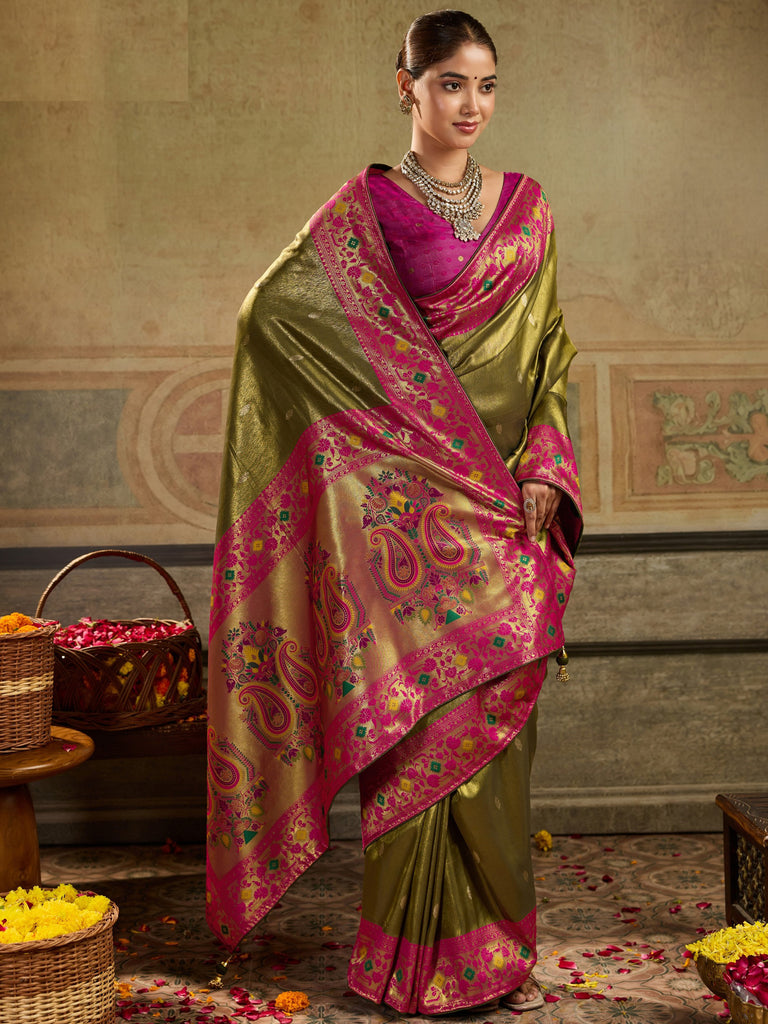 Exquisite Olive Green Butti Work Tissue Silk Event Wear Saree With Blouse
