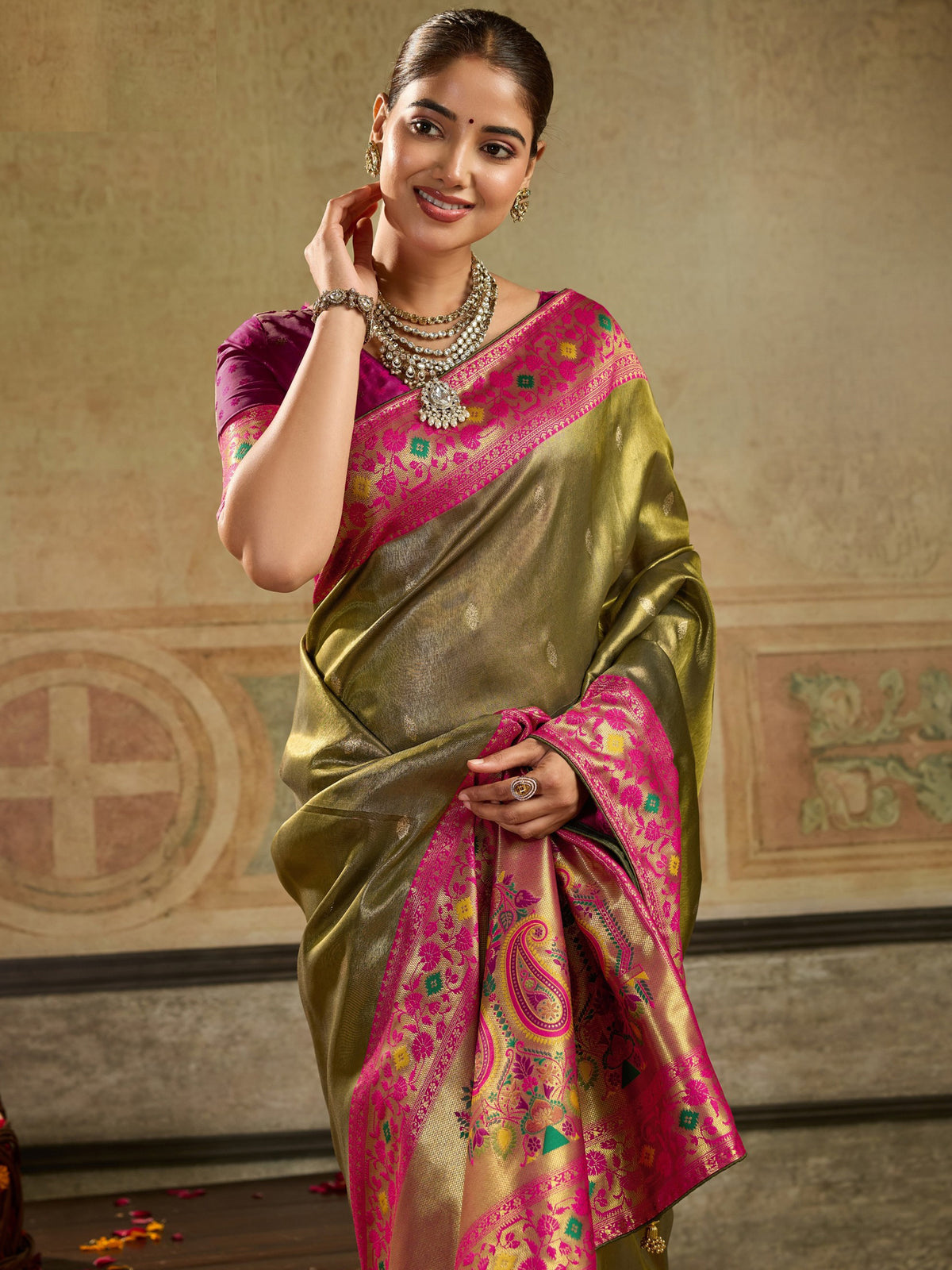 Exquisite Olive Green Butti Work Tissue Silk Event Wear Saree With Blouse