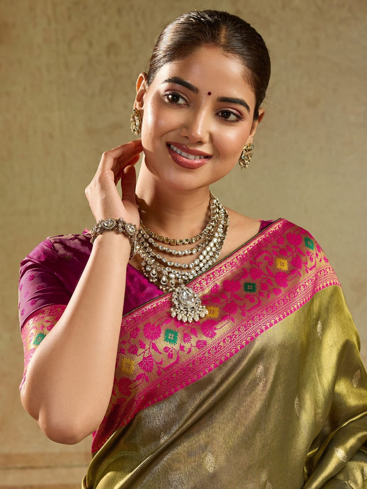 Exquisite Olive Green Butti Work Tissue Silk Event Wear Saree With Blouse
