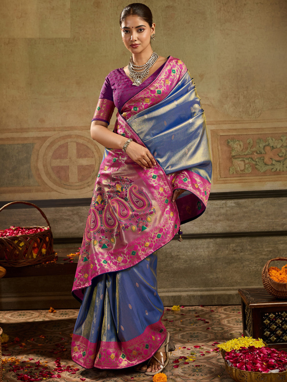Stunning Blue Zari Woven Tissue Silk Marriage Wear Saree With Blouse