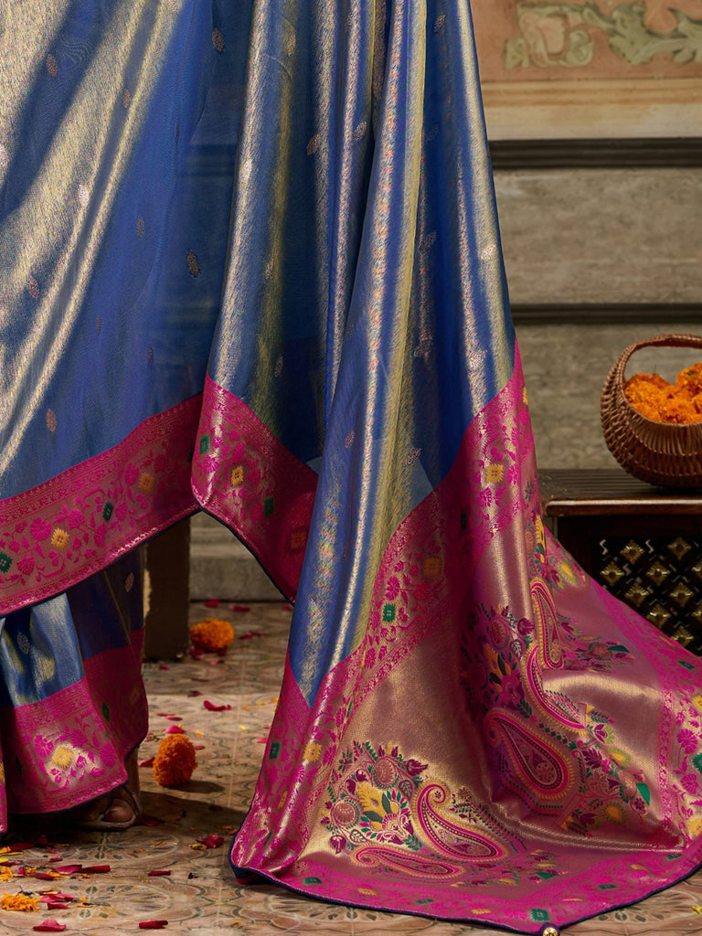 Stunning Blue Zari Woven Tissue Silk Marriage Wear Saree With Blouse