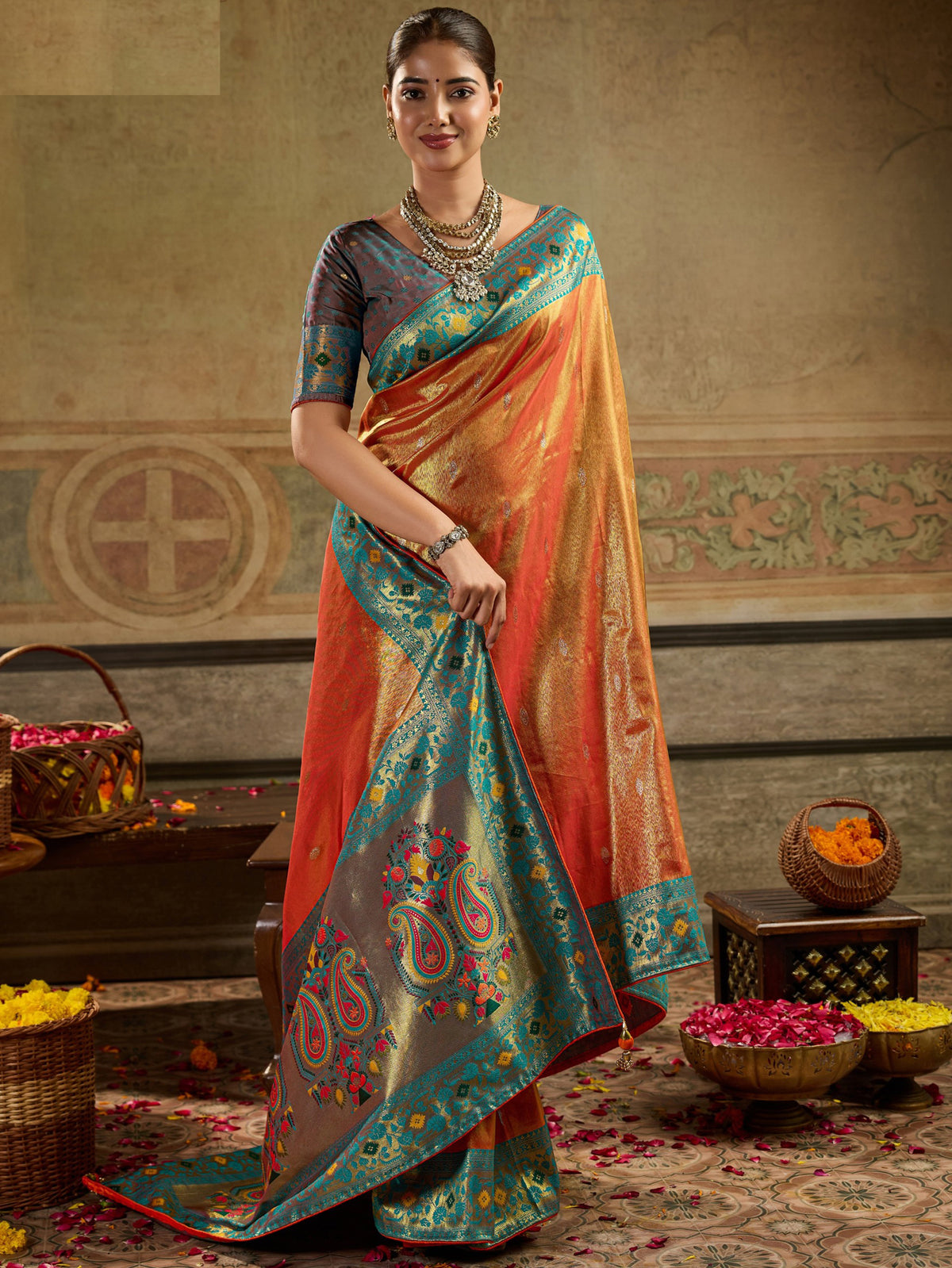 Graceful Orange Zari Weaving Tissue Silk Traditional Saree With Blouse