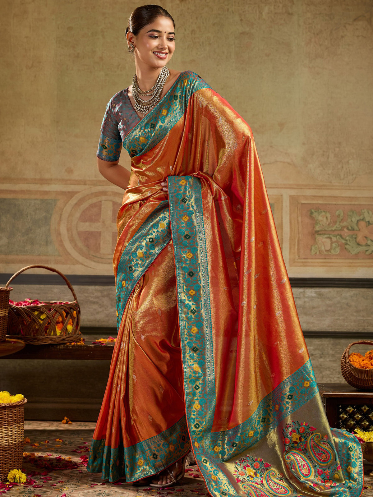 Graceful Orange Zari Weaving Tissue Silk Traditional Saree With Blouse