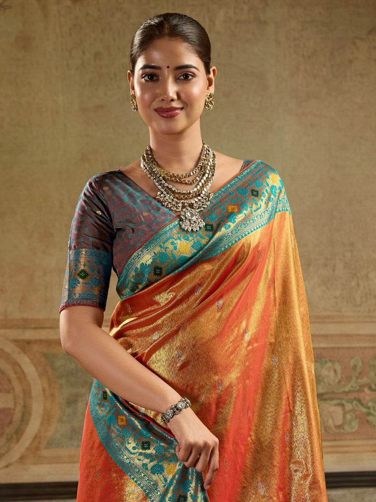 Graceful Orange Zari Weaving Tissue Silk Traditional Saree With Blouse