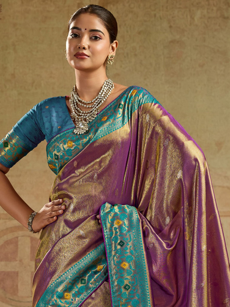 Fantastic Mauve Minakari Wok Tissue Silk Wedding Wear Saree With Blouse
