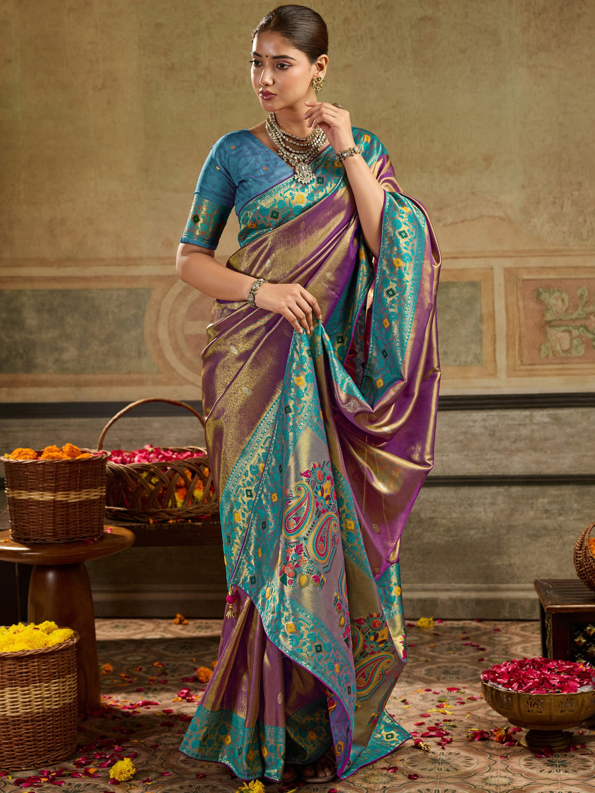 Fantastic Mauve Minakari Wok Tissue Silk Wedding Wear Saree With Blouse
