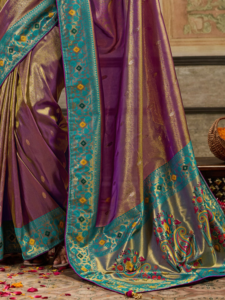 Fantastic Mauve Minakari Wok Tissue Silk Wedding Wear Saree With Blouse