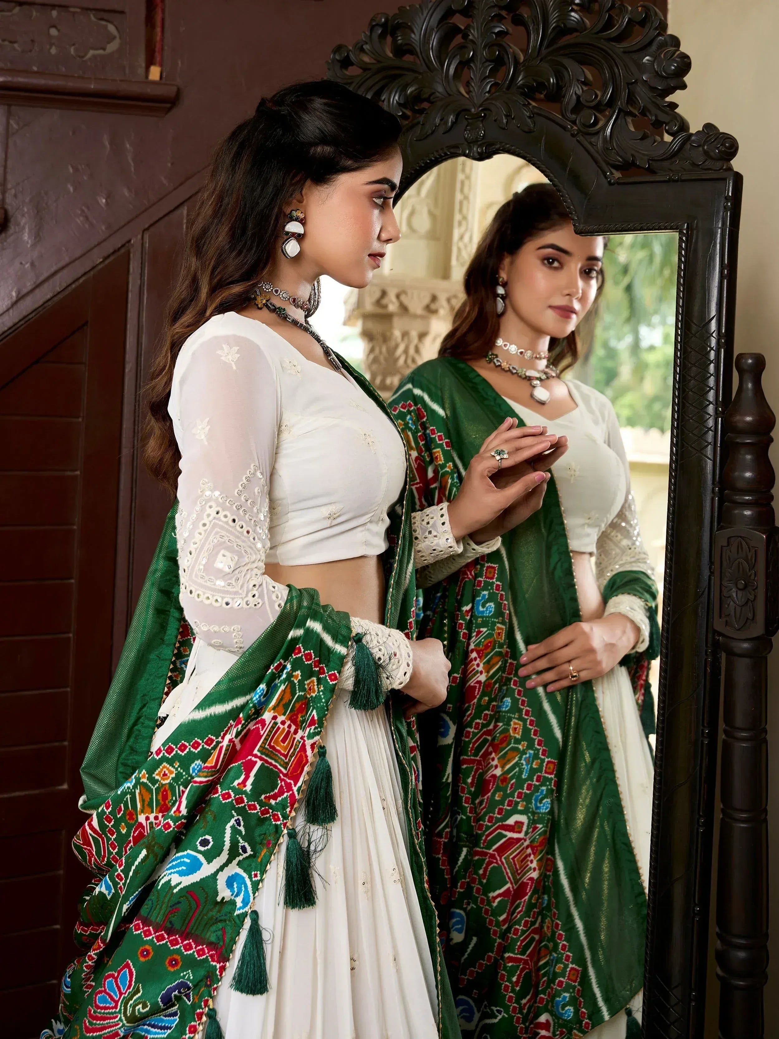 White embroidered crop top with green patterned dupatta, ethnic wear for women