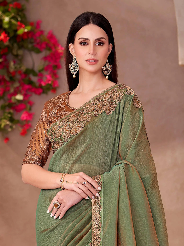 Glamorous Green Georgette Border Work Mehendi Wear Saree With Blouse