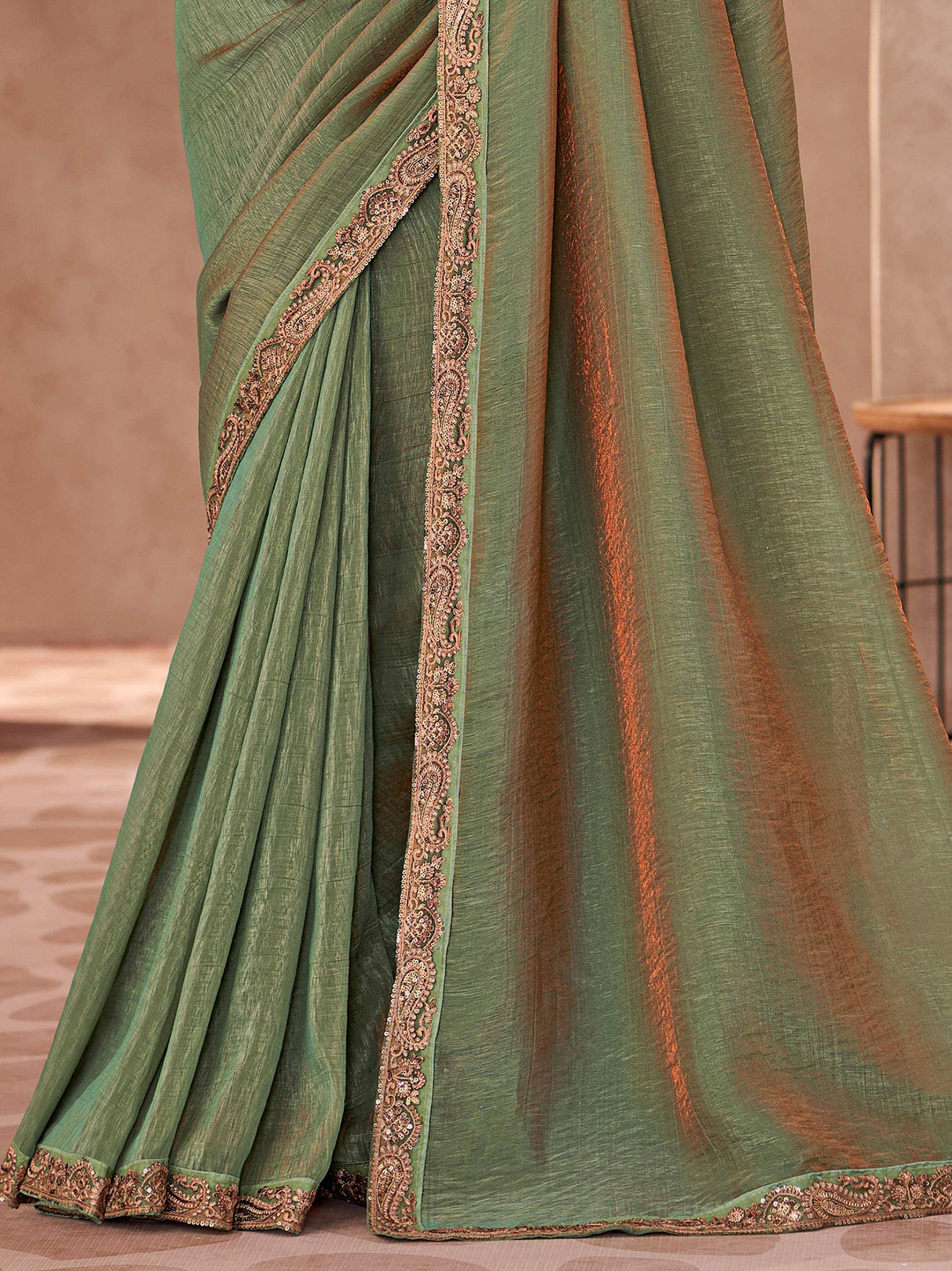 Green saree with gold embroidery, Indian ethnic wear for women