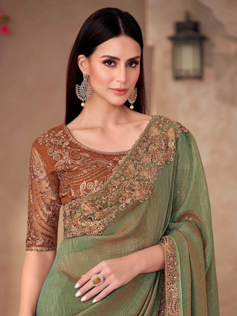 Glamorous Green Georgette Border Work Mehendi Wear Saree With Blouse