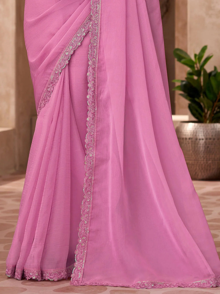 Tantalizing Light Pink Chiffon Floral Embroidered Saree With Blouse