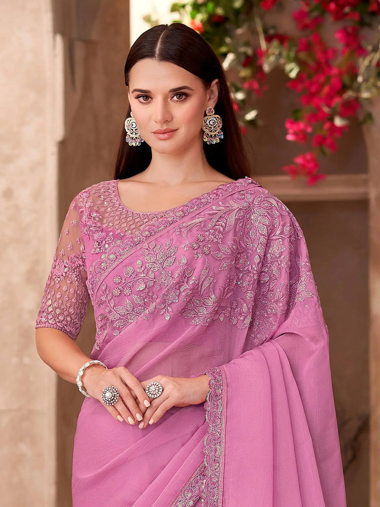 Tantalizing Light Pink Chiffon Floral Embroidered Saree With Blouse