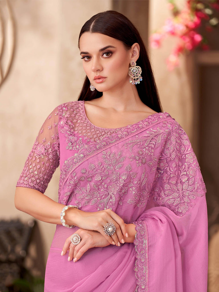 Tantalizing Light Pink Chiffon Floral Embroidered Saree With Blouse