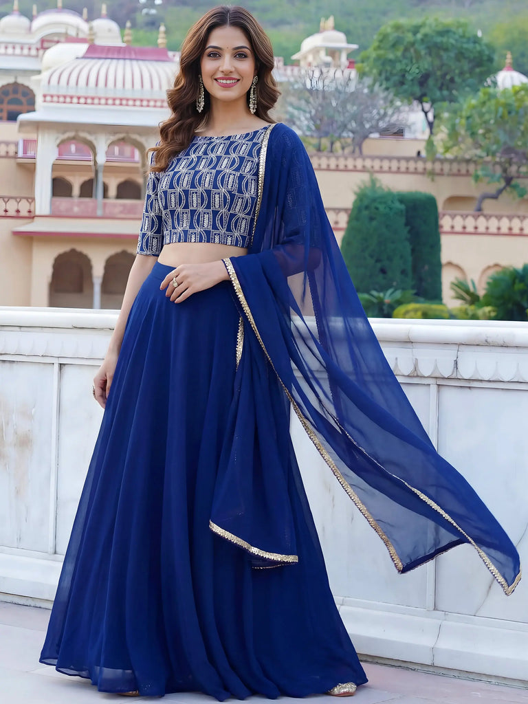 Wonderful Royal Blue Embroidered Georgette Festive Wear Lehenga Choli
