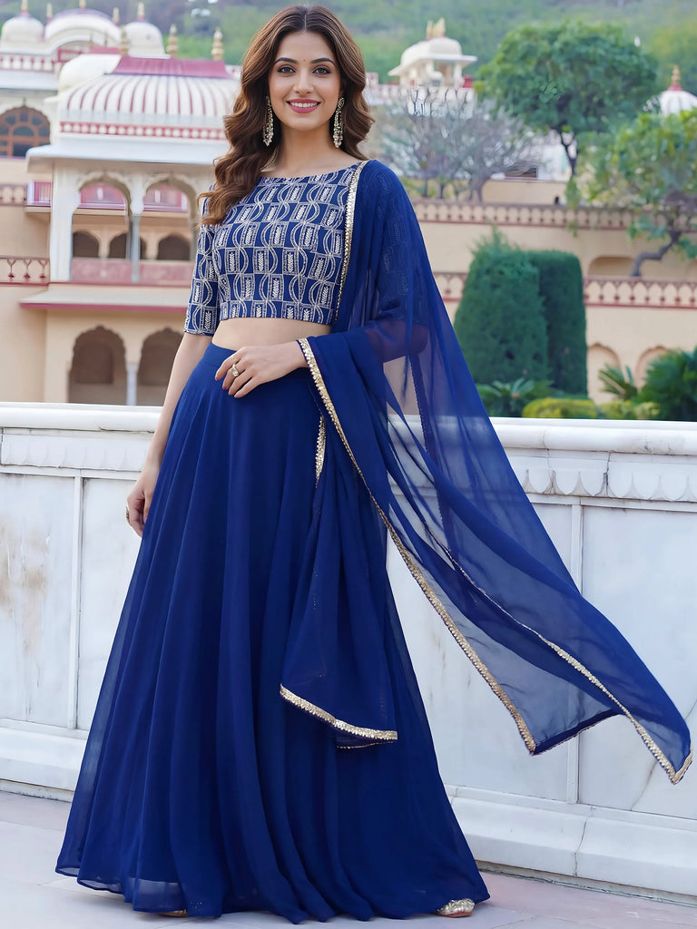Glowing Blue Embroidered Georgette Sangeet Wear Plus Size Lehenga Choli