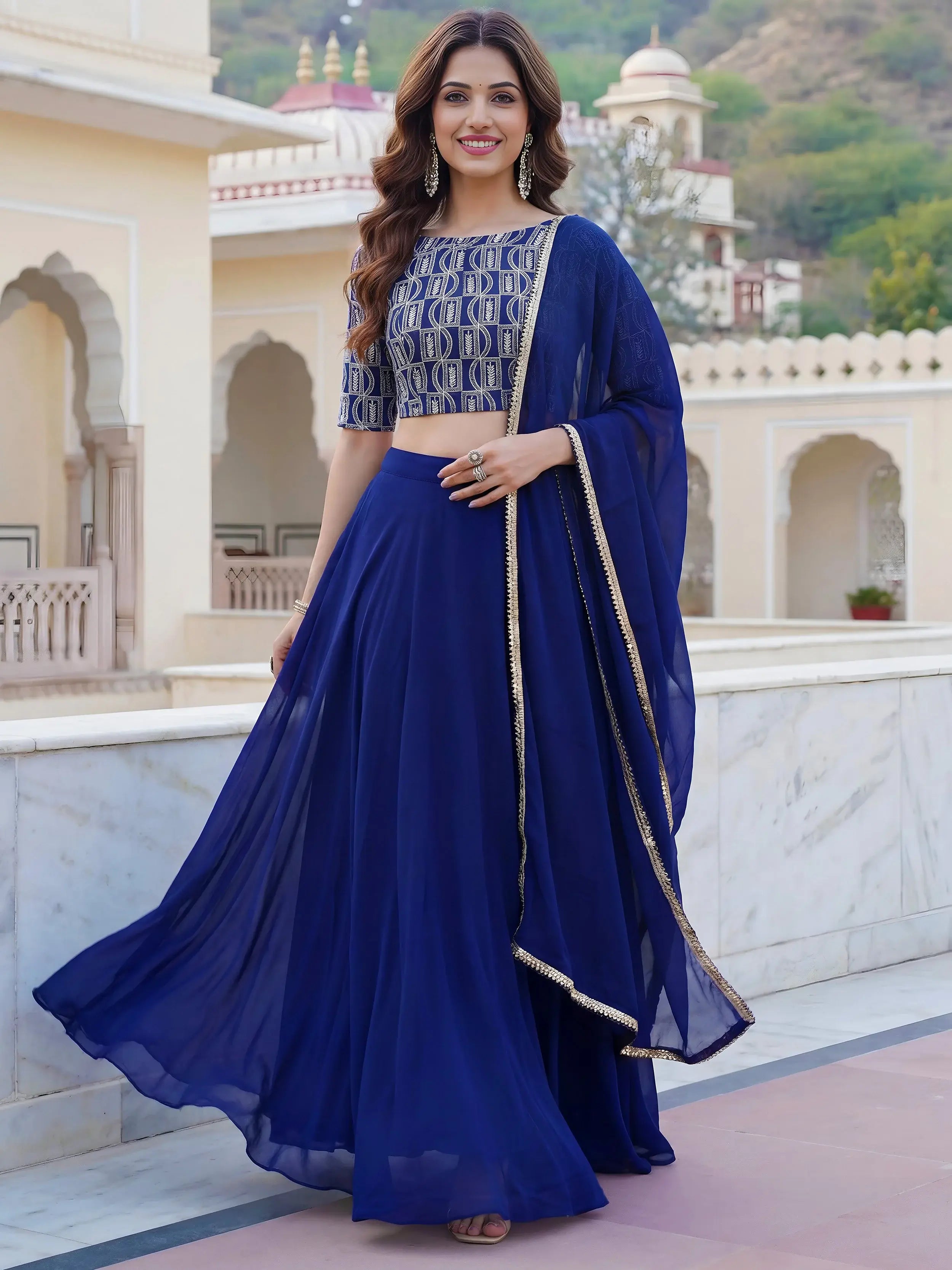 Wonderful Royal Blue Embroidered Georgette Festive Wear Lehenga Choli